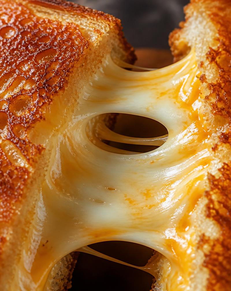 A gourmet grilled cheese sandwich pulled apart with thick melting cheese